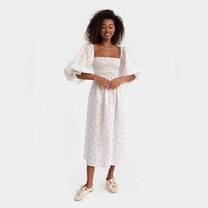 Sleeper Women’s Atlanta Linen Midi Dress Lounge Smocked Floral Daisies Ivory S